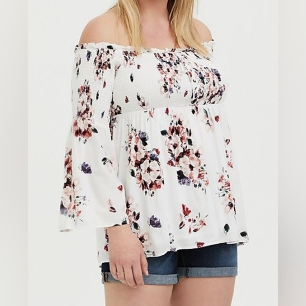 Torrid Off The Shoulder Floral Romantic Flowy Babydoll Top 0